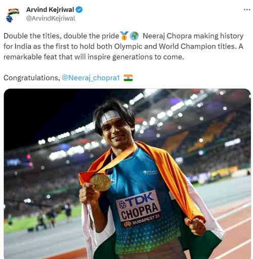 Kejriwal congratulates Neeraj Chopra on historic World Athletics Championships gold win