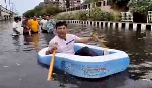 BJP Councillor takes 'boat ride' in waterlogged Patparganj, slams AAP govt