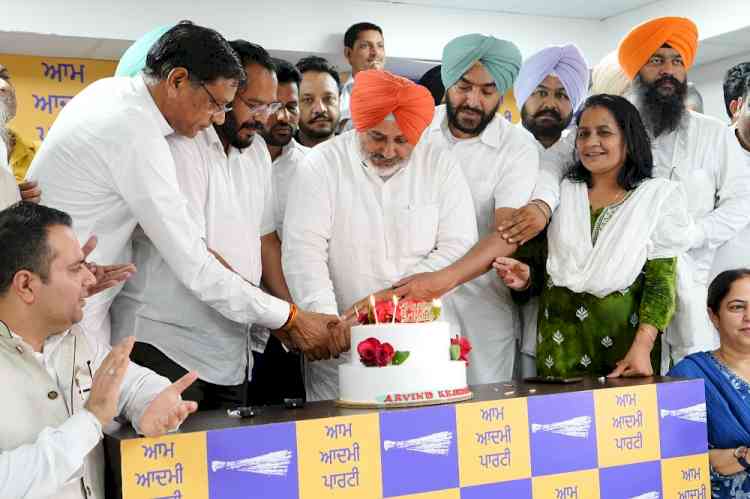 AAP Punjab leaders and volunteers celebrate Arvind Kejriwal’s Birthday at the party office in Chandigarh