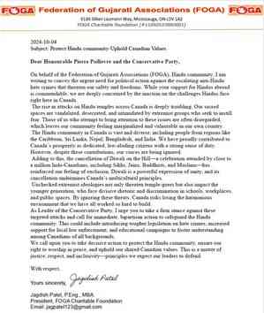 Federation of Gujarati Associations writes letter to opposition leader Poilievre, expresses concern over attack on Hindus in Canada