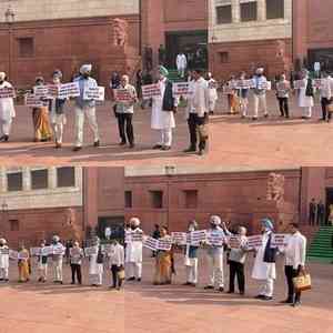 Punjab Congress MPs stage protest in Parliament complex in support of farmers