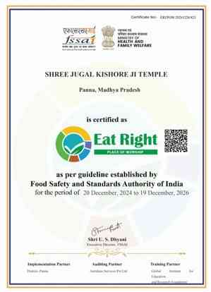 MP's 'Jugal Kishore' temple receives certificate of 'Eat Right Place of Worship' by FSSAI