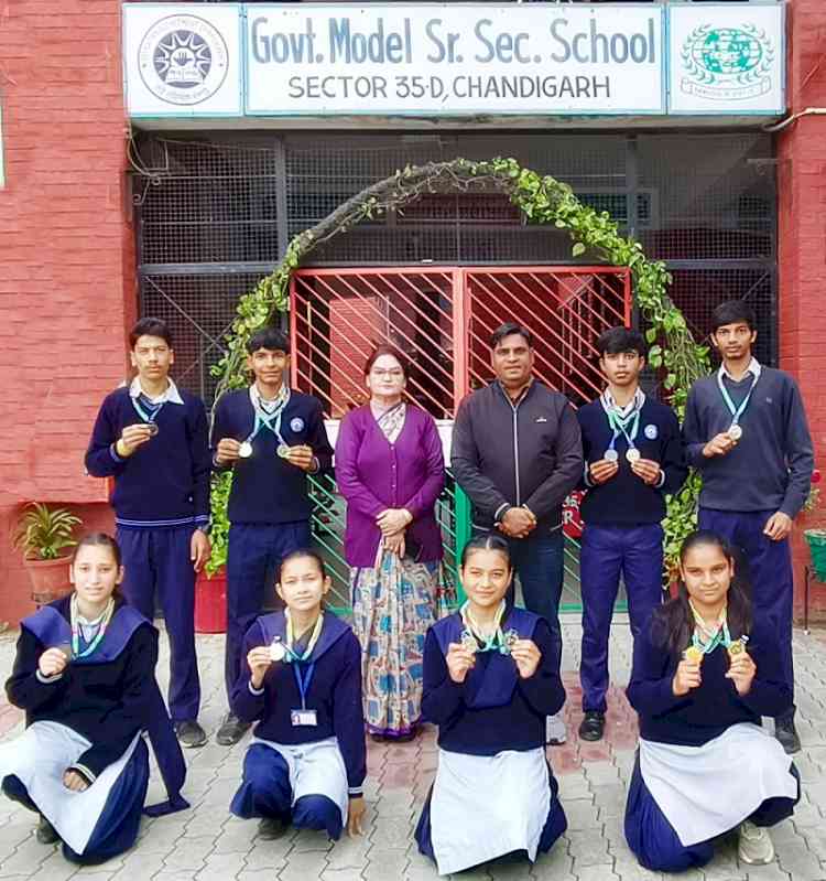 GMSSS-35 Principal felicitates medal winners of Inter School Annual State Athletic Meet