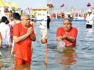 Vice Prez Dhankhar takes holy dip at Mahakumbh; lauds 'amazing arrangements'