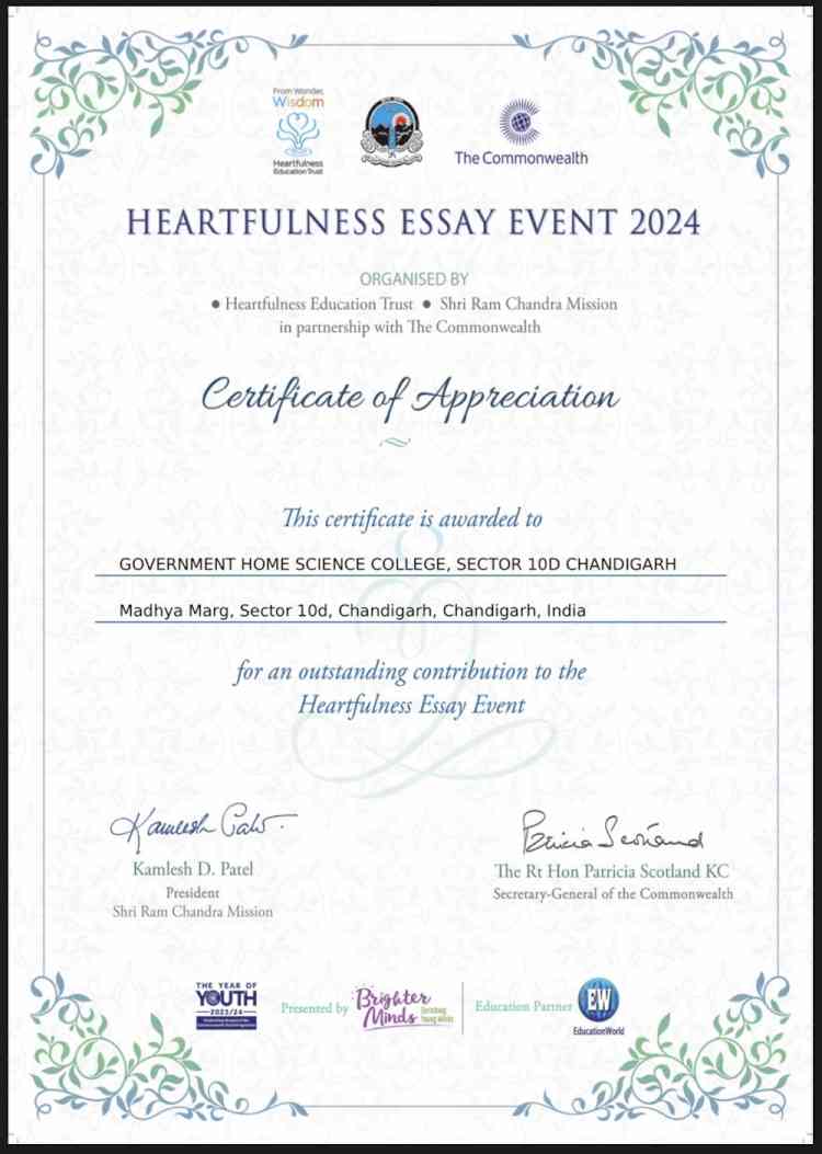 Government Home Science College Awarded Certificate of Appreciation by Heartfulness Education Trust & Commonwealth Organization